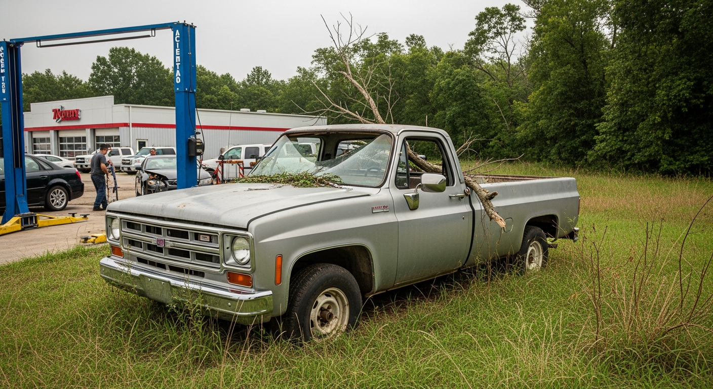 Storm-damaged truck ready for removal
