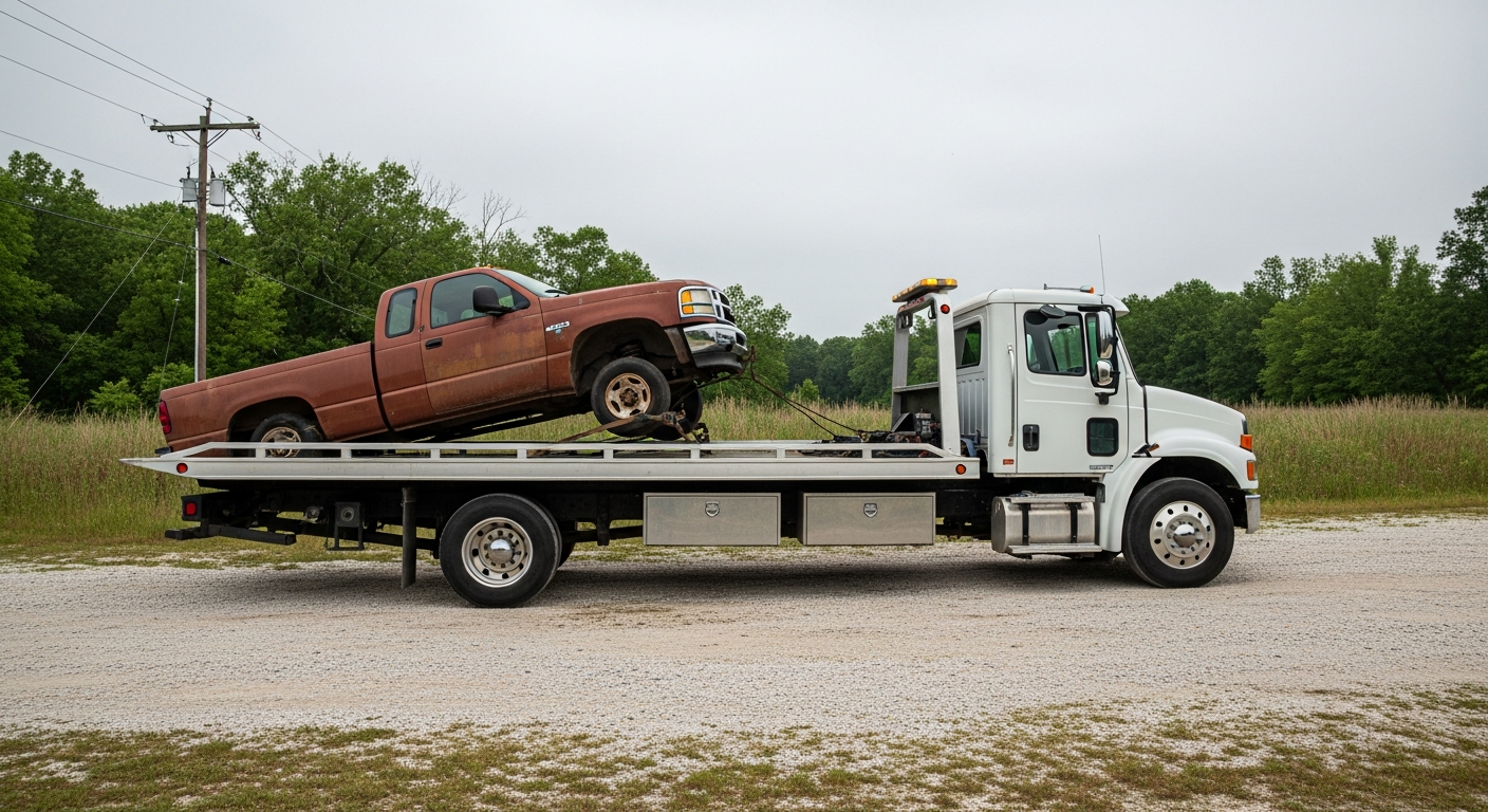 Rollback loading a junk truck at pickup