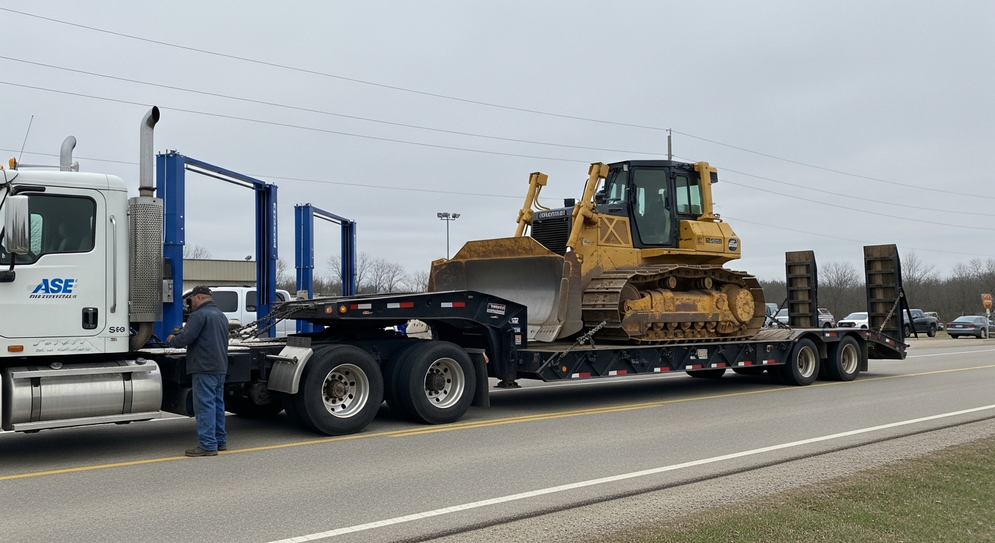 Lowboy trailer hauling heavy equipment