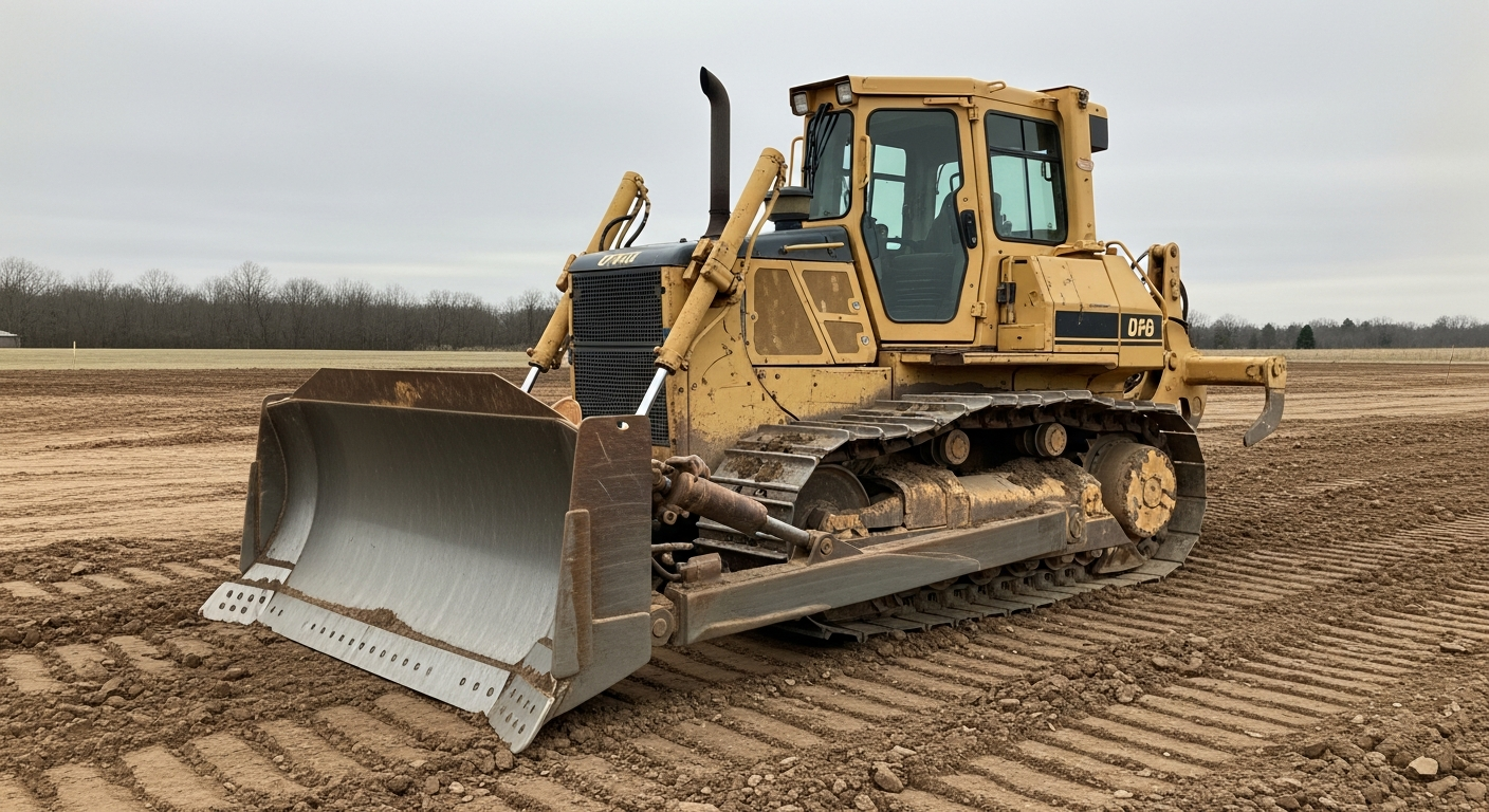 Lowboy trailer loading heavy equipment at a job site